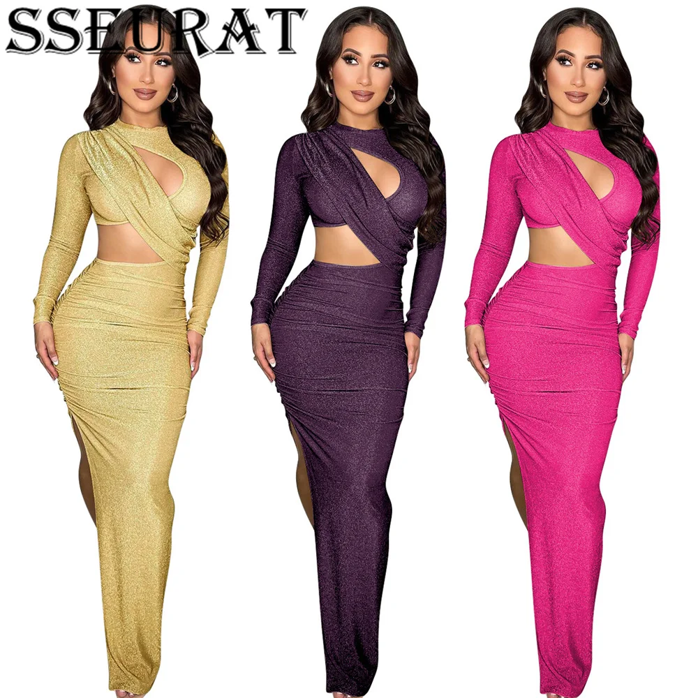 

Женское платье-макси с круглым вырезом и длинным рукавом