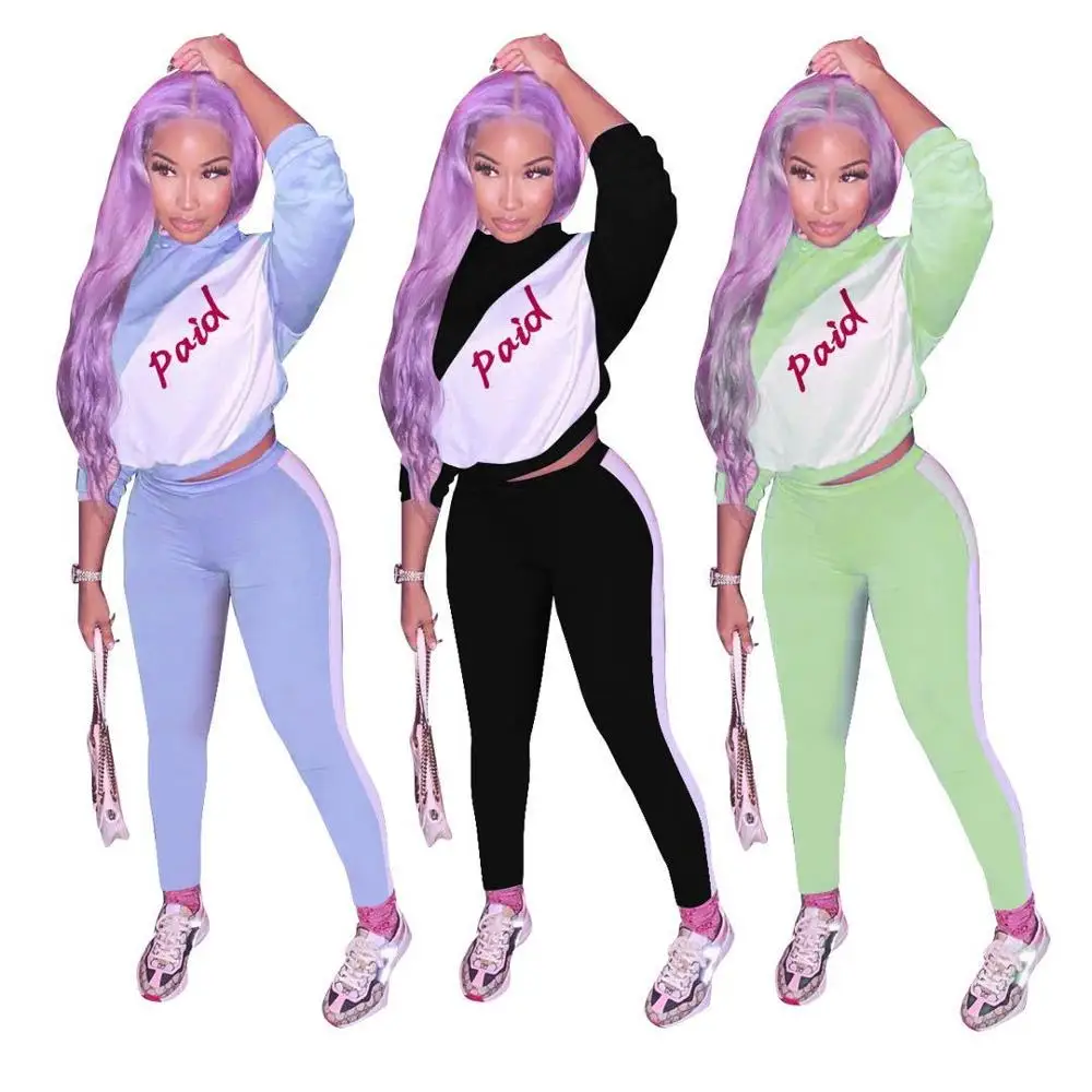 

Echoine Letter Print patchwork lounge wear Casual Tracksuit Women Two Piece Set Hooded Top and Pants Set Suits Sporty Sweatshirt