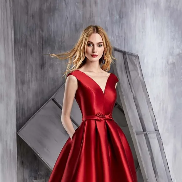 

Red Satin V-neckbierthday Party Dresses O-neck Bow Belt A-line Sleeveless Princesss Open Back with Pocket Host Dresses Elegant