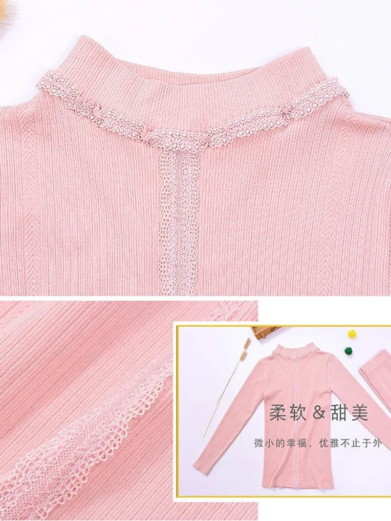 

New ladies lace mid-high neck thermal underwear cotton autumn clothes trousers pajamas bottoming shirt set