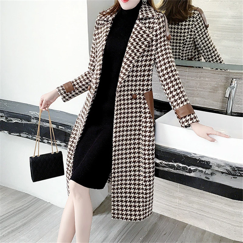 

2021 Autumn Winter Fashion New Mid-Length Plaid Lapel Long-Sleeved Slim Temperament Women's Woolen Coat Trend H460