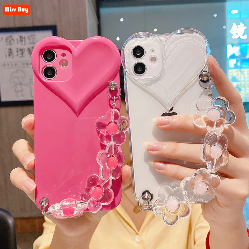 

Candy Color Heart-shaped Silicone Wristband Phone Cases for iPhone 13 12 11 Pro Max 12Mini X XS Max XR 7 8 Plus SE 2020 Cover