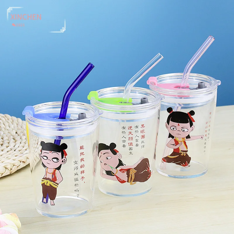 

Net Celebrity Nezha Straw Glass Home Children's Glass Breakfast Cup Milk Glass Water Cup High Borosilicate Heat-resistant Cup