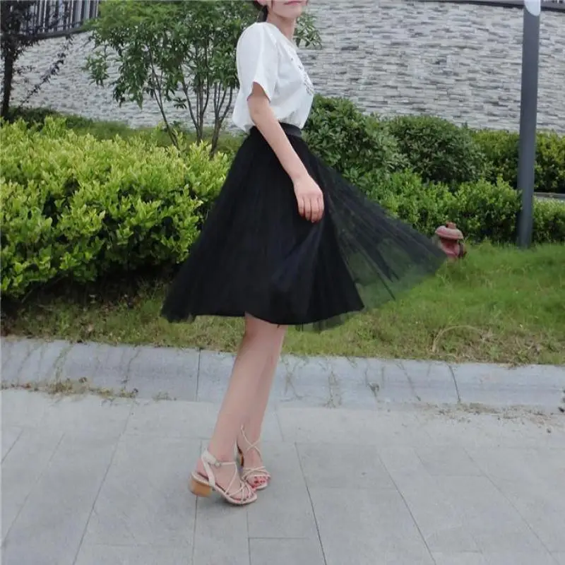 

2021 Summer New Simple Solid Color Elastic High Waist Slim Wild Pleated Skirt Casual Loose Women A-line Mesh Skirt Free Shipping