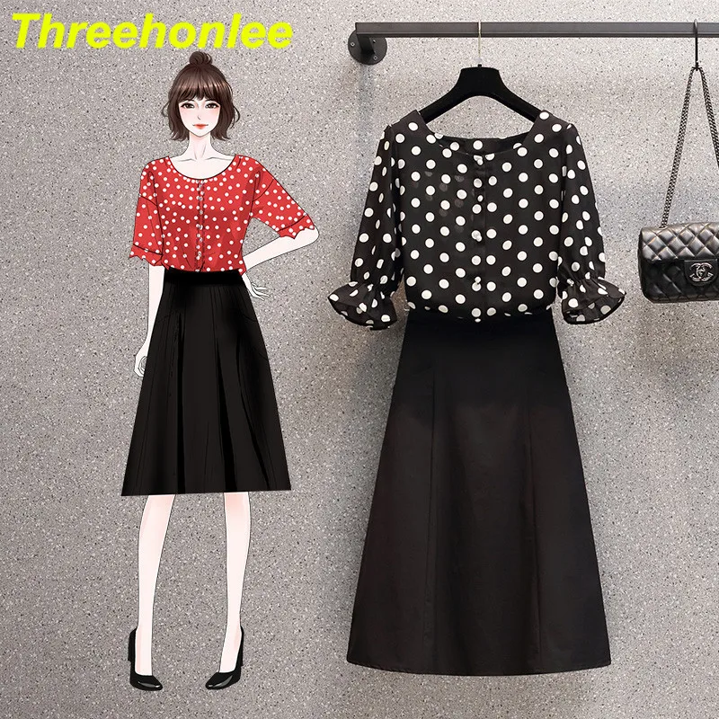 

Новинка лета 2021, женский элегантный костюм, рубашка в горошек и юбка А-силуэта, комплект из двух предметов, Женский офисный костюм