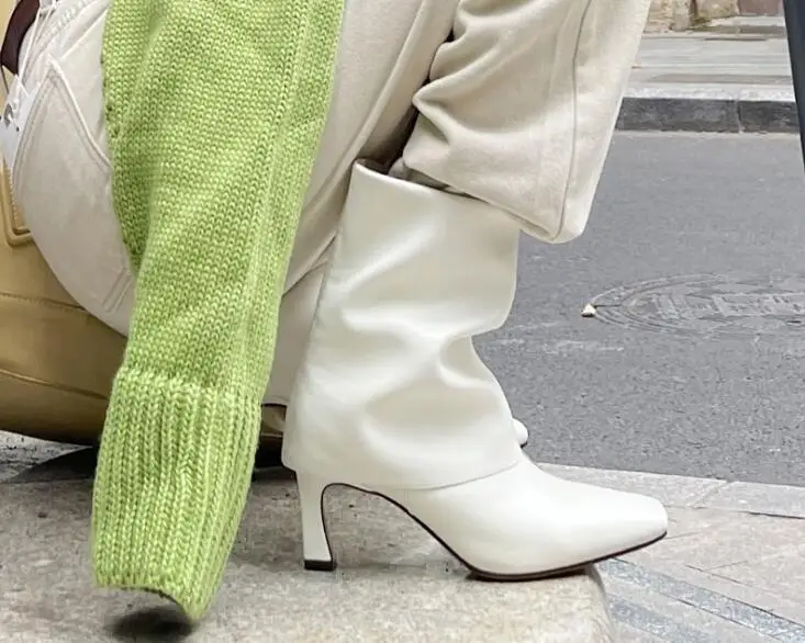 Ботинки женские на тонком каблуке 7 см мягкая кожа квадратный носок складные без