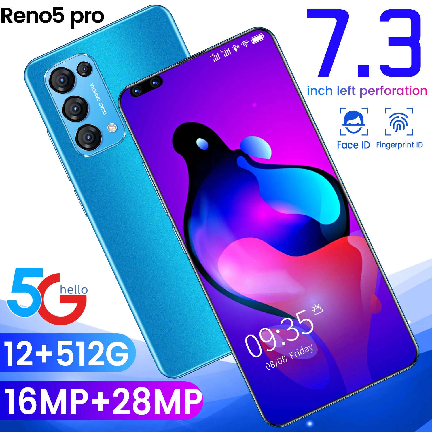 

OPPI Reno5 Pro Smartphones 7.3" MTK6797 Deca Core Dual SIM 28MP 12G RAM 512G ROM Global Version Mobile Phone Undefined