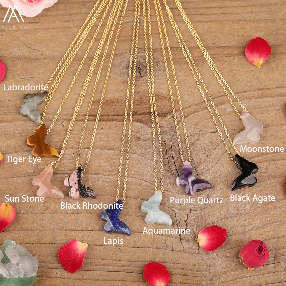 Женское ожерелье с подвеской-бабочкой черным агатом и лунным камнем | Украшения