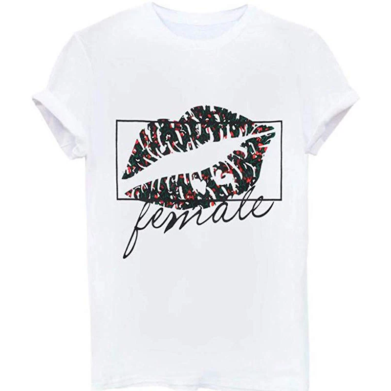 Футболка женская с принтом губ повседневная пикантная белая милая топ коротким