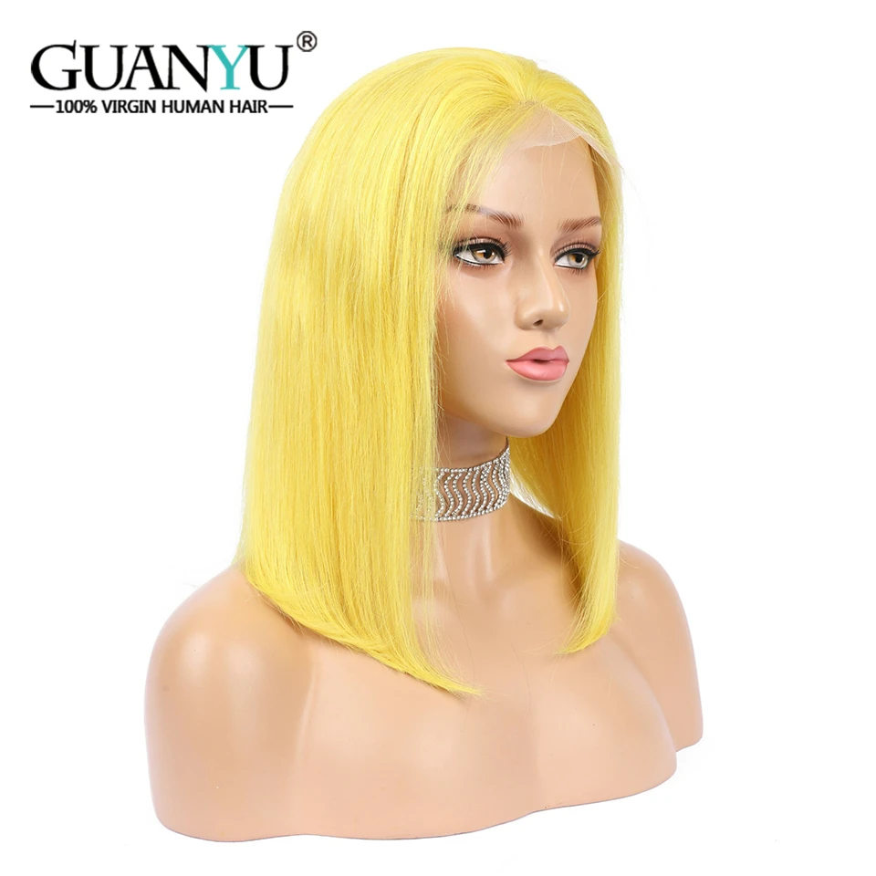 Guanyuhair, короткие светлые парики на кружеве, человеческие волосы, 13X4, предварительно выщипанные бразильские волосы remy, парик с детскими волосами желтого цвета
