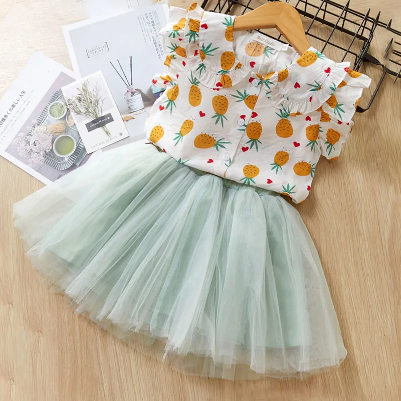 AX1145Green Bear leader/платье для девочек новые летние платья принцессы футболка с героями мультфильмов для девочек и платье-зонтик, комплект из 2 предметов, одежда для От 3 до 7 лет - Цвет: AX1145Green
