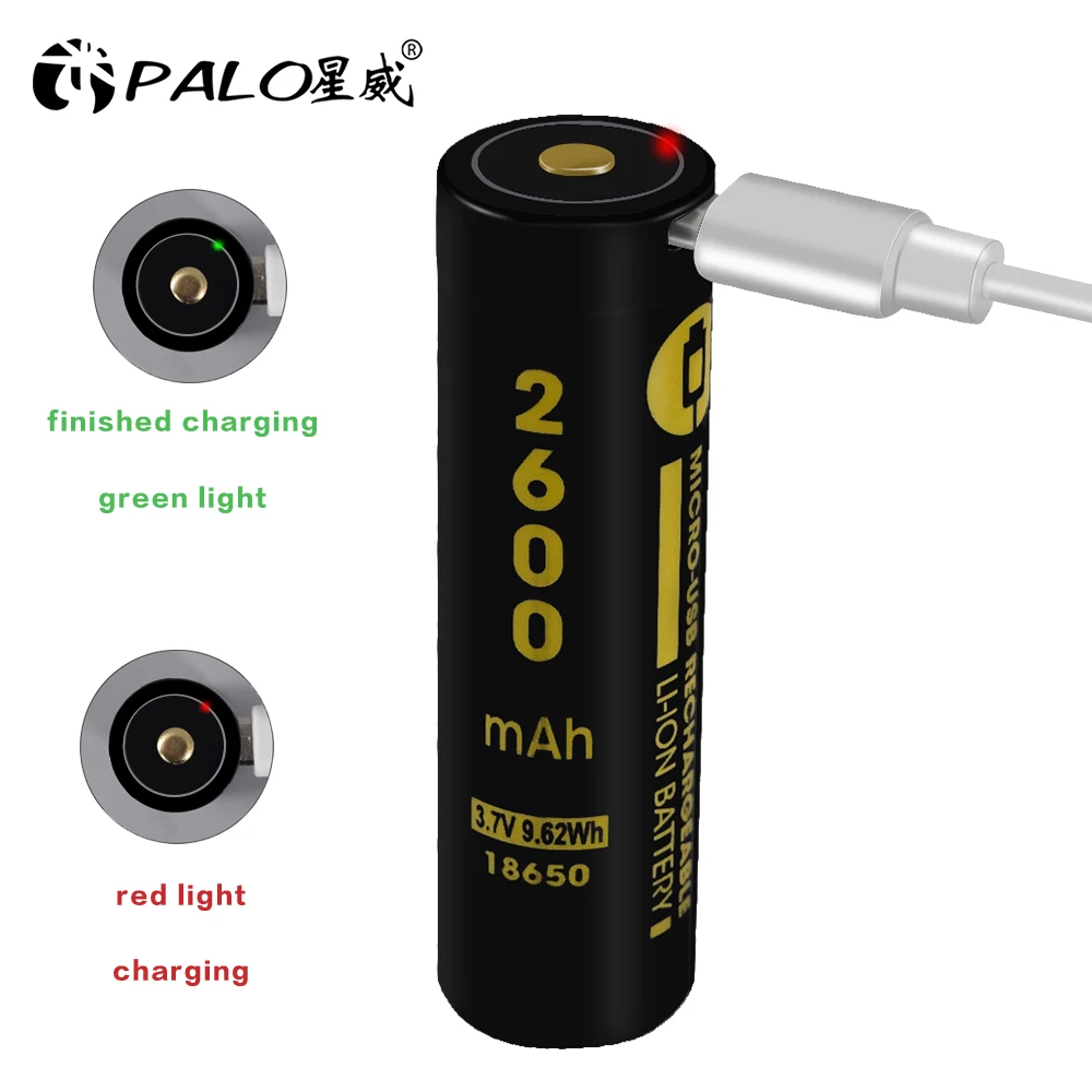 PALO micro USB 18650 литиевая батарея 2600 мАч 3 7 В литий-ионная аккумуляторная со