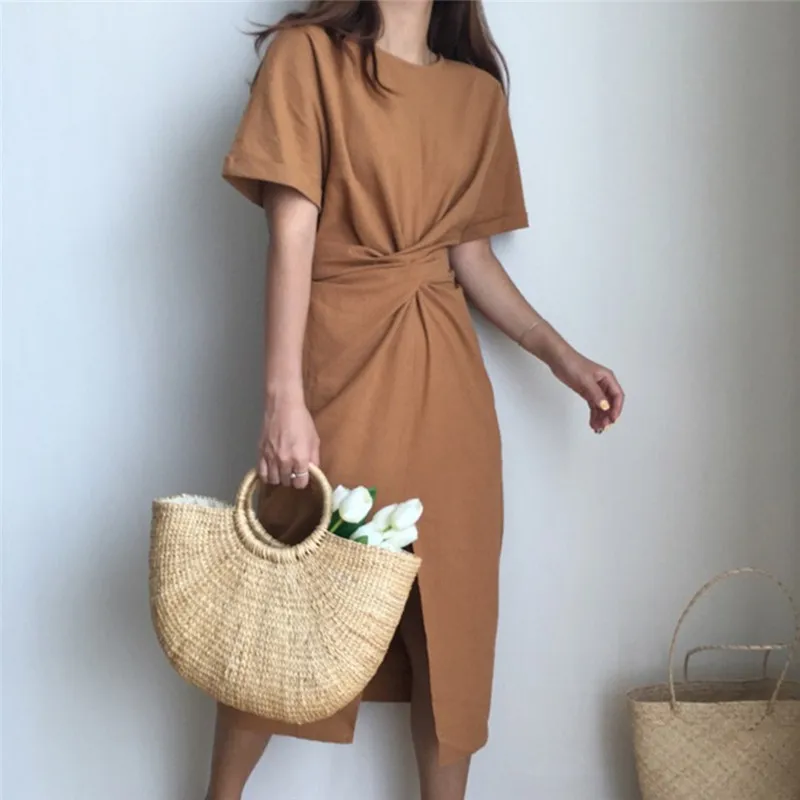 

2023 Summer Dress Female Cross Bandage Waist Short Sleeve Hem Split Mid-Calf Women's Dresses Ladies Tunic Elegant Vestidos