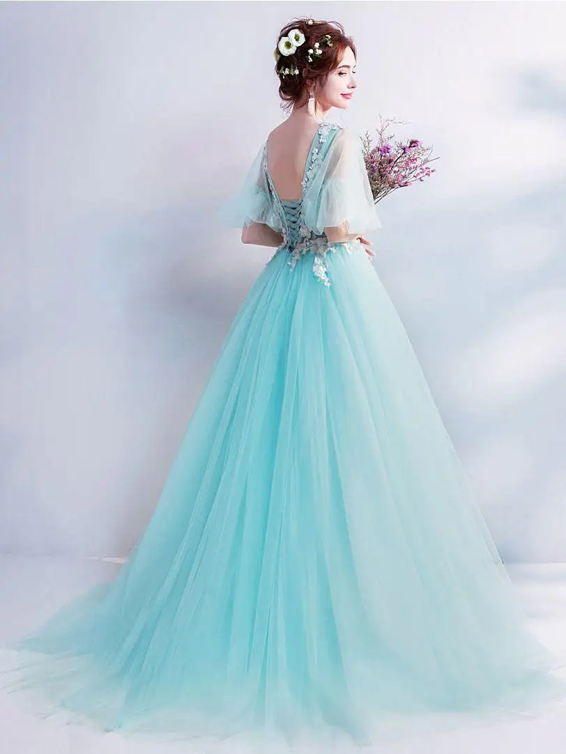 Мятно-зеленые платья для девушек с V-образным вырезом и коротким рукавом