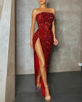 sequin strapless evening dress women sexy red high slit dresses elegant dress women 2022 autumn spring party club dress women