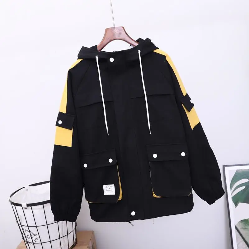 

2020 Contrast Color Hooded Cargo Jacket 2020 Autumn Pockets New Zipper Coat Women Long Sleeve Safari Style Jackets Outerwear
