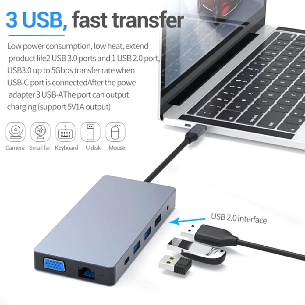

12 In 1 Multifunctional 4K for Office VGA With Ethernet Data Port Plug And Play For Laptops Docking Station USB Type C Hub Home