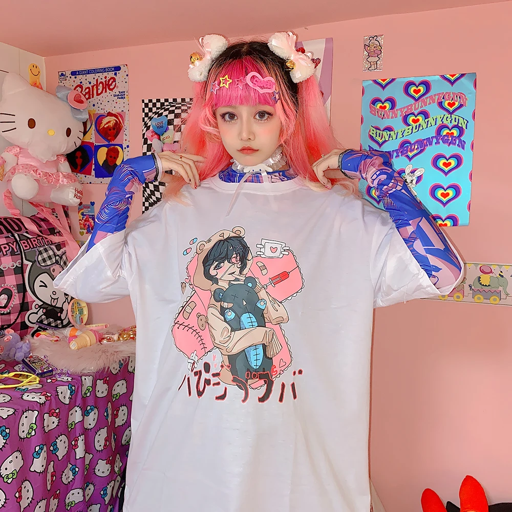 

Short Sleeve O-neck Women T-Shirt Japanese Harajuku Sweet Cartoon Print Top White Loose Fashion Casual All-match Bottoming Shir