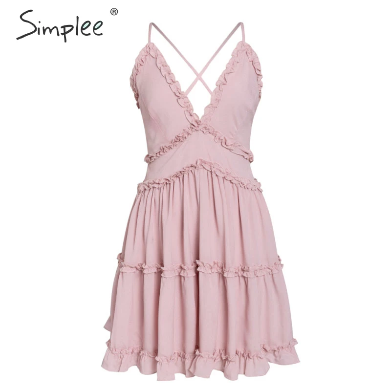 Женское шифоновое короткое платье Simplee розовое повседневное пляжное с оборками и