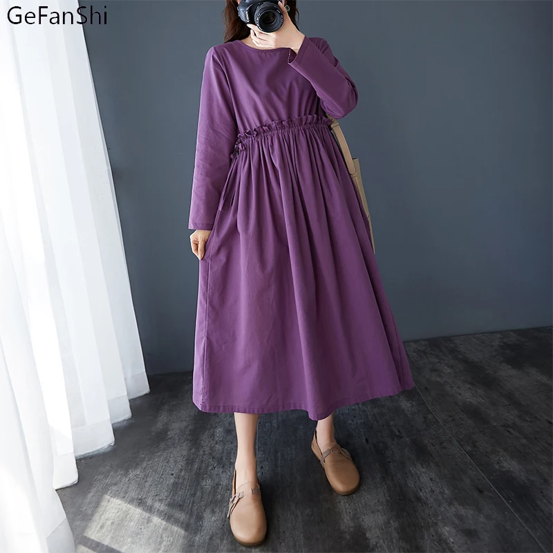 

2022 New Autumn Winter Vintage Solid O-Neck Cotton Linen Women Dress Casual Loose Ladies Dresses Robe Fashion Clothing