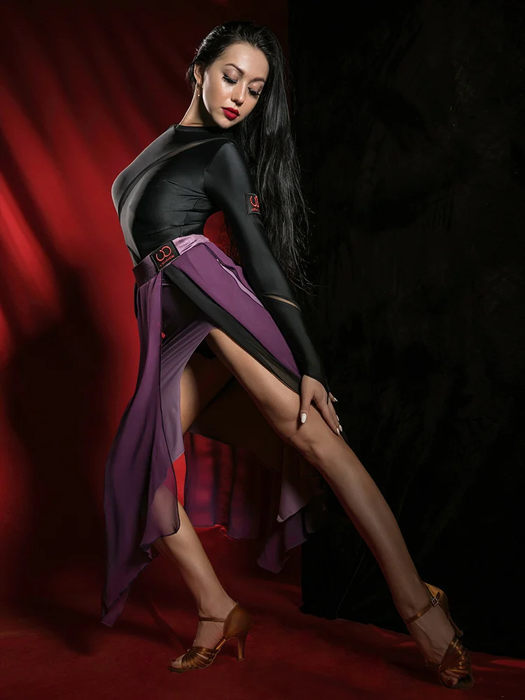 

Костюм для латиноамериканских танцев, Новая женская юбка для взрослых, асимметричная прострочка, тренировочная одежда Ua163