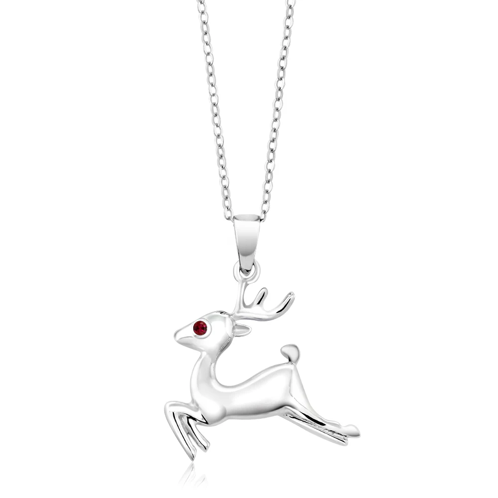 GemStoneKing Girl's 925 Sterling Silver Reindeer Pendant Round Red Created Ruby Necklace Animal Jewelry Christmas Gift|silver clubwear|pendant