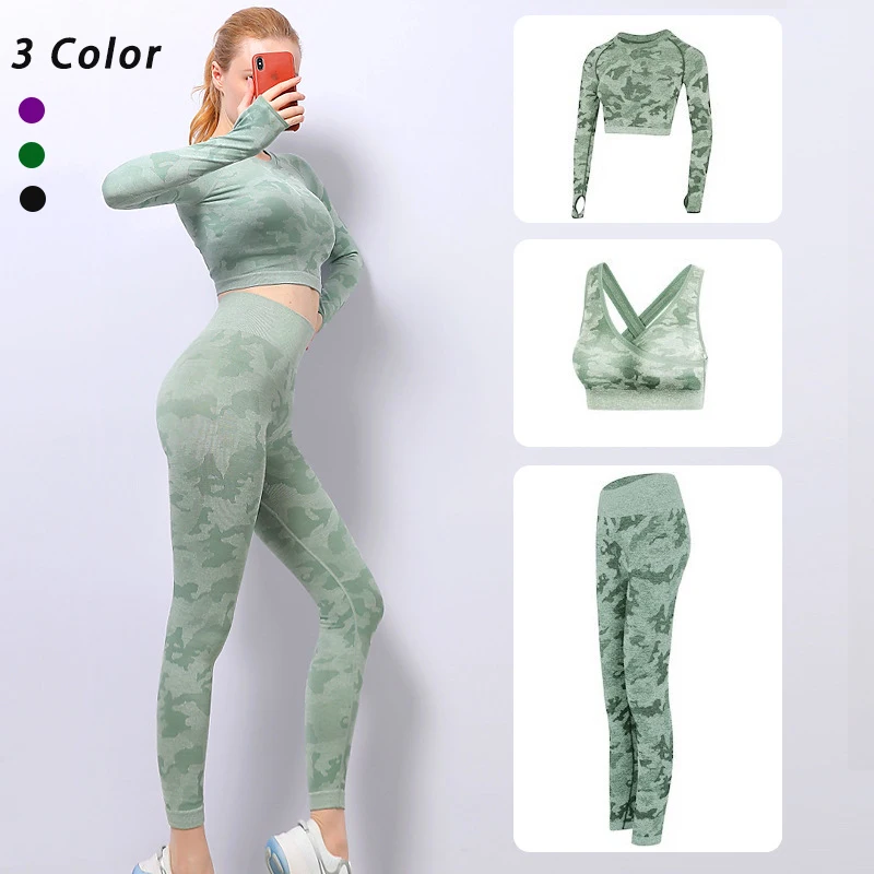 

Женский бесшовный комплект для йоги, спортивная одежда для тренировок, одежда для спортзала, укороченный топ с длинным рукавом, леггинсы с в...