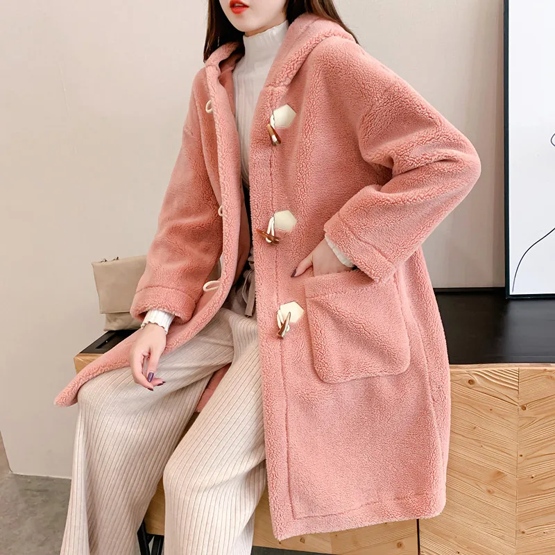 Elegant long women hooded fur coat Autumn winter thick  shaggy warm female coat streetwear  office fur Lamb overcoat