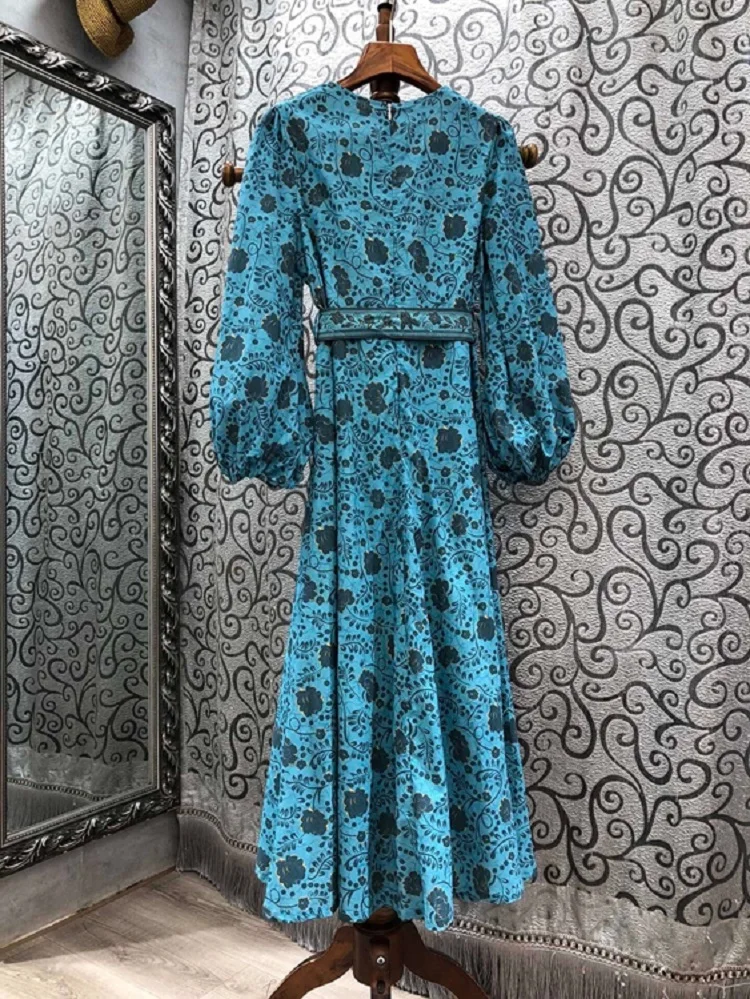 

Blue Long Dress 2021 Spring Summer High Quality Casual Women O-Neck Elegant Floral Print Lantern Sleeve Cotton Linen Dress Maxi