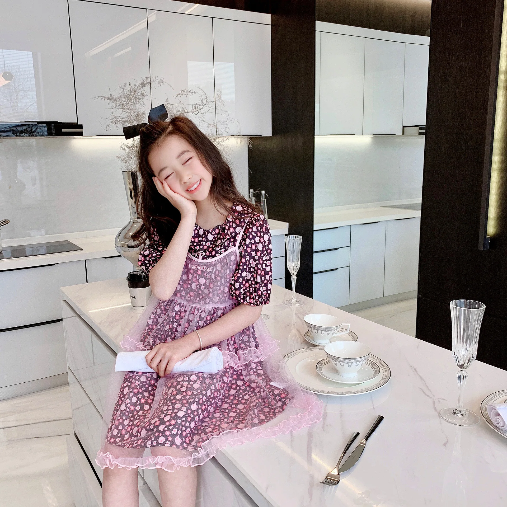 

2021 summer kids set floral pattern short sleeve dress +mesh dress clothing set
