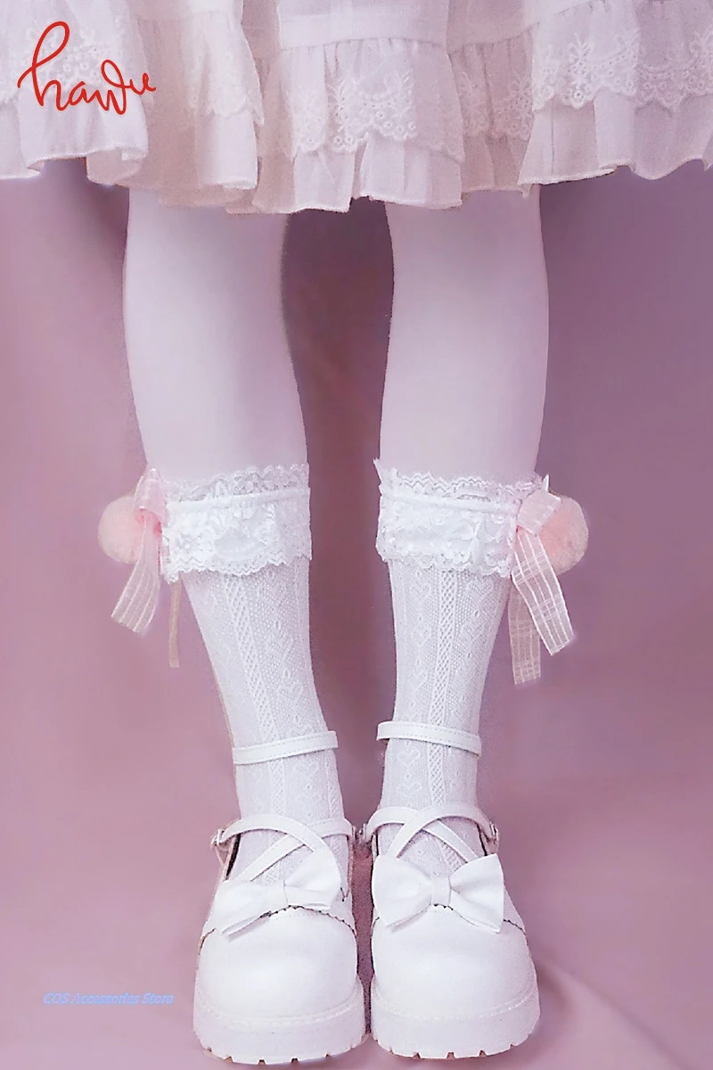 

Original Japanese Cartoon Anime Rabbit Lolita Soft Sister Calf Socks Bright Silk Lace Bowknot Hairball Pile Of Socks Summer