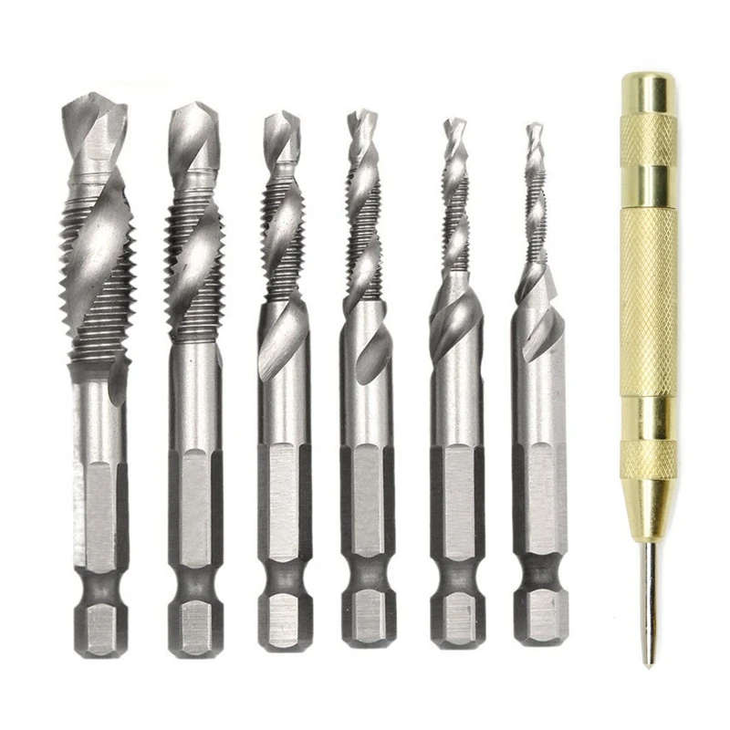 

7 Pcs 1/4 Inch Hss Spiral Hex Shank Combination Drill Screw Tap Bit Set(M3-M10)With Automatic Spring Loaded Center Punch Tool Fo