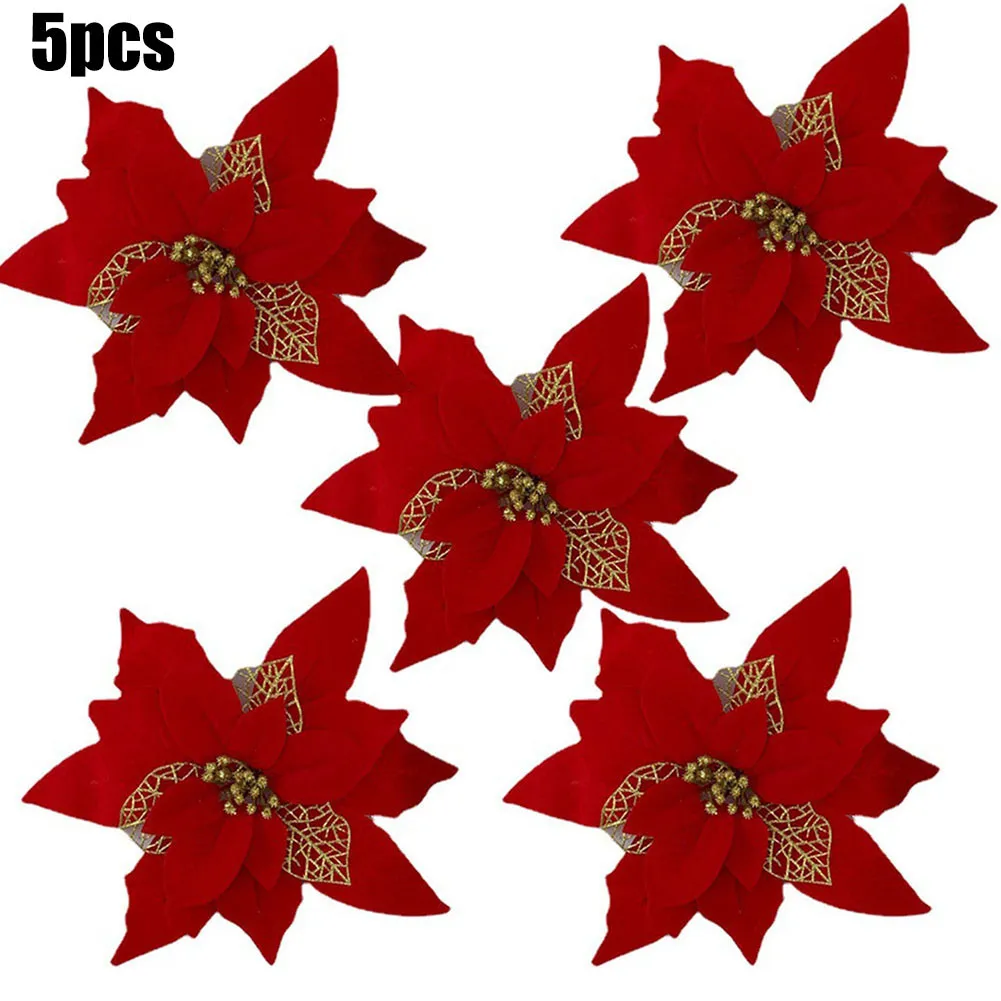 

5 Pcs Christmas Artificial Glitter Simulation Flower Christmas Tree Decoration Hanging Xmas Party Christmas Garland Accessories