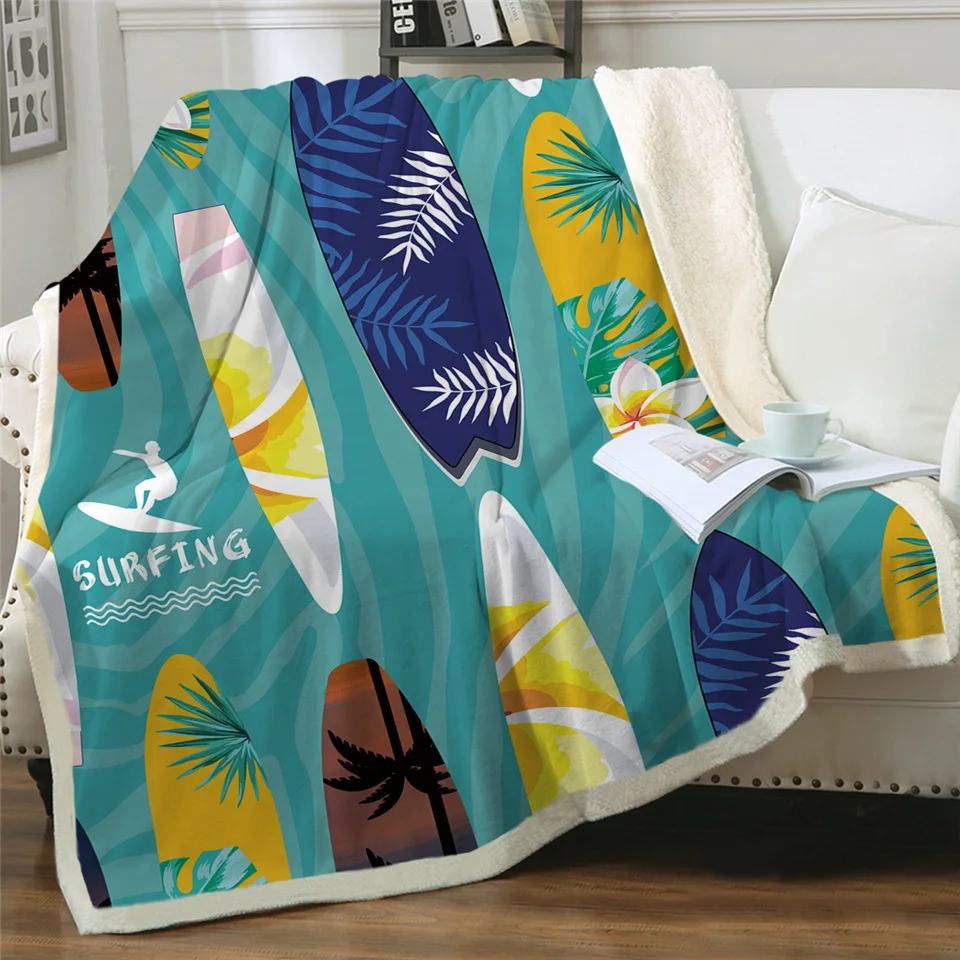 

Surfboard Bed Blanket Surfing Bedding Floral Leaf Sherpa Fleece Blanket Tropical Fashion blanket