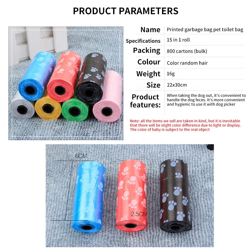 

Degradable Pet Waste Poop Bags Dog Cat Clean Litter Dispenser Dog Paw Print Pet Outdoor Products Multicolor 15 Pcs/Roll