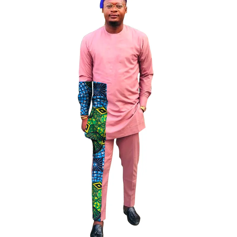 Modern Design African Fashion Pink Men's Pant Sets O Neck Top And Trouser Patchwork Male Outfits Dashiki Suits | Тематическая