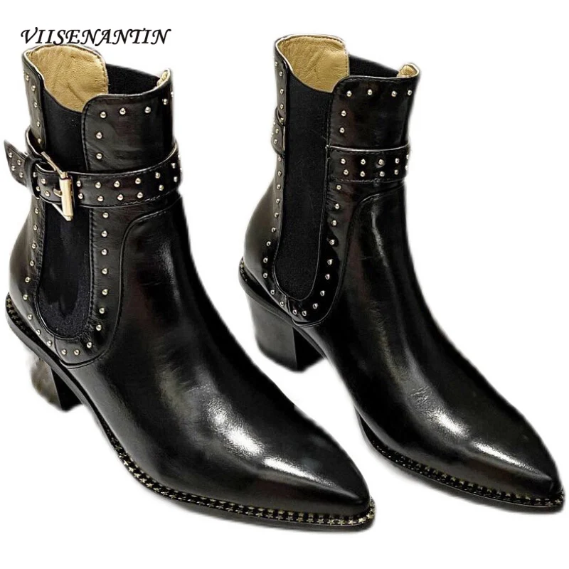 

Autumn and Winter New Pointed Toe Mid-heel Rivet Belt Buckle Leather Thick-heel Martin Boots Short Boots Fashion Boots