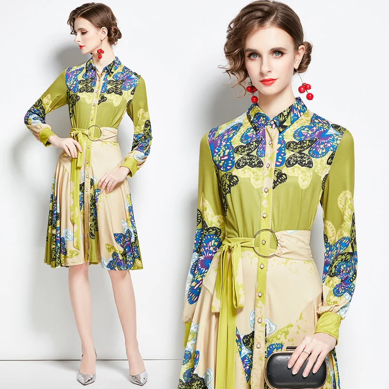 

New Elegant Vintage Women Print Slim Tunic Draped Midi Dress Evening Party Clothing Lady Long Sleeve Dresses Sashes