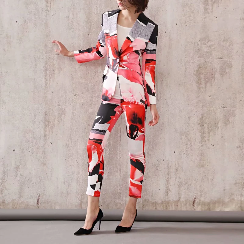 

Designer High-Quality Women'S Sets Autumn New Fashion Print Long Sleeve Slim Workplace Single Button Suit tops And Casual Pants