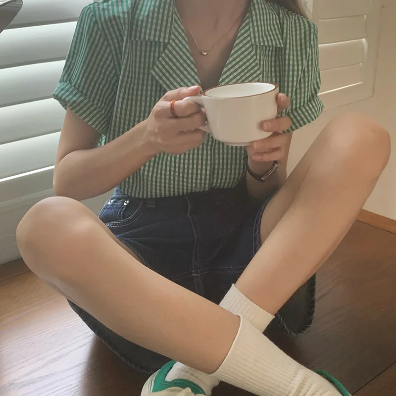 

Qooth Single Breasted Notched Neck Short Sleeve Shirt Green Plaid Office Lady One Size Shirt Summer Fashion All Match Tops QT871