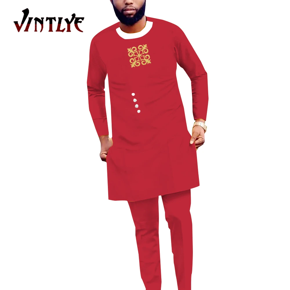 

Bazin Riche African Clothes for Men Dashiki Suits 2 Piece Sets Long Shirt and Pants Abaya Agbada Robes Men's Outfits WYN1694