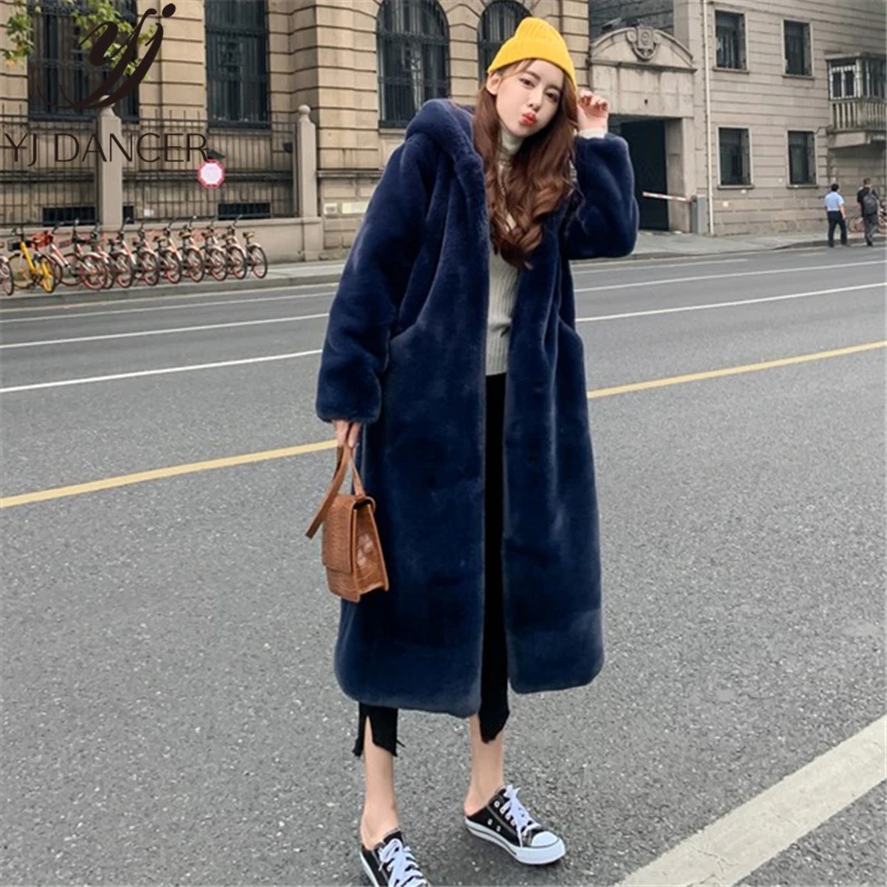 Повседневная зимняя женская куртка в Корейском стиле с капюшоном и длинным рукавом, длинное пальто из искусственного меха, свободное толстое теплое пальто для женщин ZZZ197
