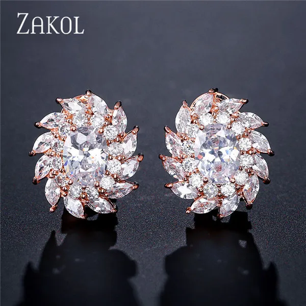Rose Gold ZAKOL классические овал, куб, цирконий цветы серьги гвоздики для женщин Мода Свадьба Ужин подарок на день рождения ювелирные изделия FSEP031 - Окраска металла: Rose Gold