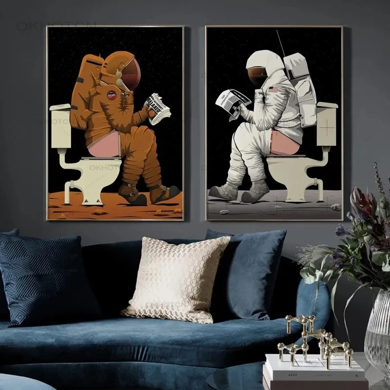 

Nursery Animation Canvas Painting Funny Cartoon Astronaut Posters and Prints Wall Art Pictures for Toilet Bathroom Home Decor