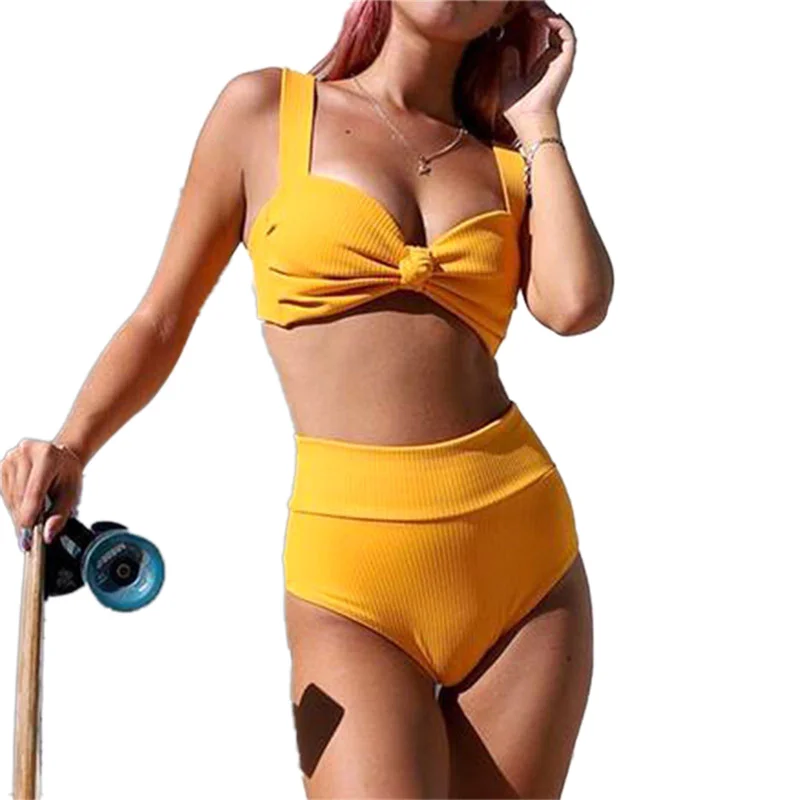 

2021 Sexy Women Swimsuit Two Piece Bikini Suits Solid Color Push Up Tops and High Waist Thong Swimming Suit for Women Beach Wear