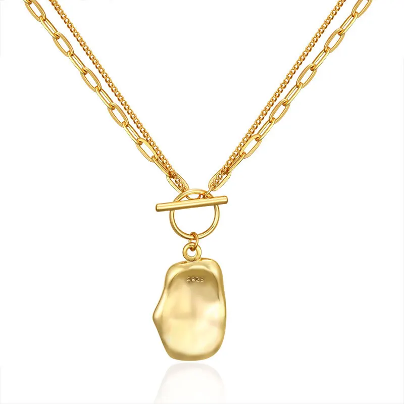 

Korean Ornament 925 Sterling Silver Double Layer Shaped Necklace Simple Non-Mainstream Chic Net Red Necklace 18K Gold Plated