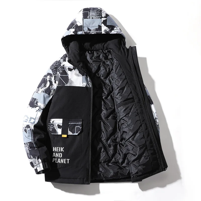 Men's Fashion Plus Size Stitching Printing Warm Jacket Youth New Thick Padded Jacket Mens Winter Coat Loose-fitting Outerwear