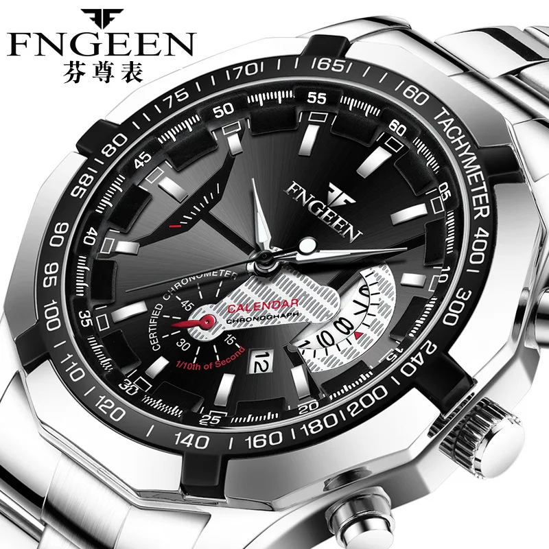 FNGEEN Top Brand Men Watch Sports Clock Steel Men's Watches Luminous Waterproof Calendar Fashion Business Watch Male Wristwatch