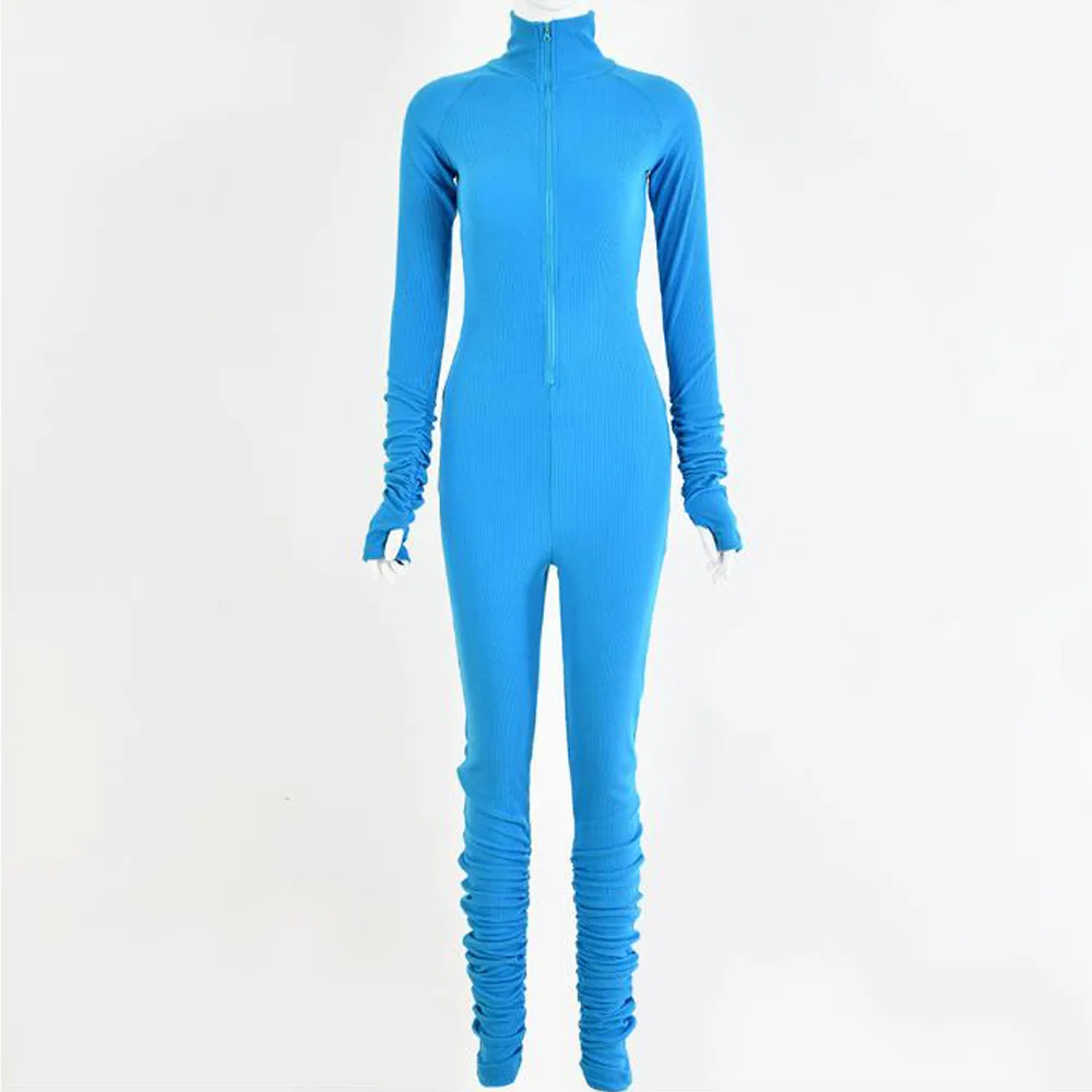 

Women Long Sleeve Knit Jumpsuit Stacked Leggings Zipper Neck Bodycon Tight Fitness Rompers Skinny Jumpsuit Club Outfits Overalls