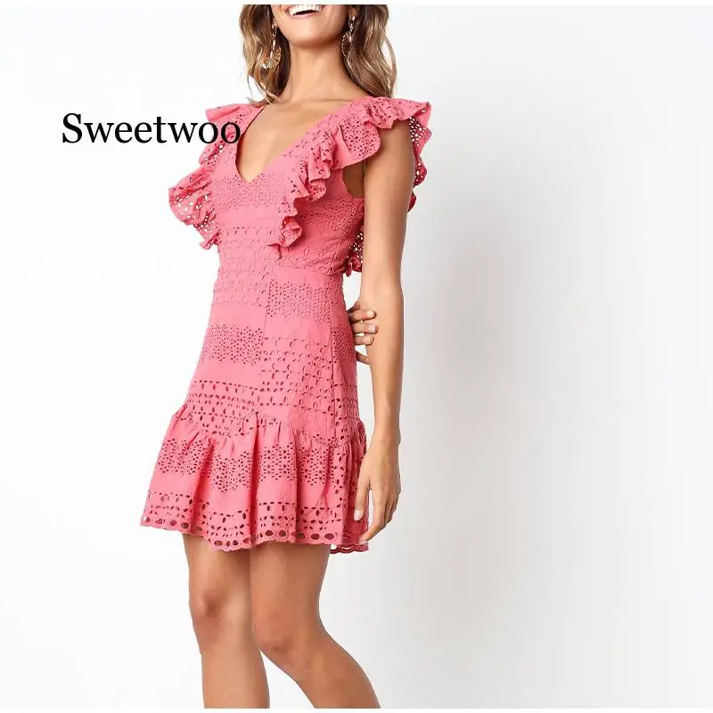 Женское ажурное мини-платье с цветочными оборками летнее Хлопковое платье